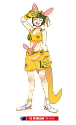  2018_fifa_world_cup :d australia australian_flag boxing_gloves brown_hair chinese_commentary closed_eyes commentary_request crop_top fanny_pack female full_body gloves headgear kangaroo kangaroo_girl midriff open_mouth photoshop_(medium) place_name shirt shorts simple_background sleeveless sleeveless_shirt smile soccer socks solo sports_bra sweat underwear white_background white_footwear world_cup yellow_gloves yellow_shirt yellow_shorts yellow_socks yu_yanshu 