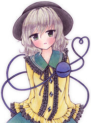  arms_behind_back bad_id bad_pixiv_id bebitera blouse blush center_frills colored_pencil_(medium) contrapposto female frilled_shirt frilled_shirt_collar frilled_sleeves frills green_eyes green_skirt hat head_tilt heart heart_of_string highres komeiji_koishi light_purple_hair long_sleeves looking_at_viewer millipen_(medium) parted_lips shirt short_hair simple_background skirt sleeves_past_fingers sleeves_past_wrists solo standing tears third_eye touhou traditional_media upper_body white_background yellow_shirt 