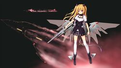  absurdres blonde_hair commentary_request f-4_phantom_ii female hagi_(ame_hagi) hair_ornament highres long_hair looking_at_viewer mecha_musume original red_eyes solo thighhighs united_states_air_force white_thighhighs zettai_ryouiki 