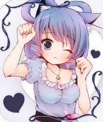  ;3 animal_ears bad_id bad_pixiv_id bebitera bell belt blue_eyes blue_hair breasts cat_ears cleavage dress female flower hagoromo hair_rings head_tilt heart highres jewelry jingle_bell kaku_seiga kemonomimi_mode looking_at_viewer medium_breasts necklace one_eye_closed paw_pose puffy_short_sleeves puffy_sleeves shawl short_hair short_sleeves simple_background solo touhou white_background 