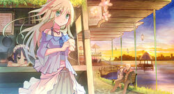  1boy 3girls bench black_hair blonde_hair blush cafe cityscape commentary_request english_text green_eyes grey_eyes highres looking_at_viewer maid_headdress multiple_girls night night_sky original park_bench photoshop_(medium) scenery scyze skirt sky star_(symbol) stove sunset 