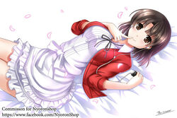  artist_name bangs black_ribbon blunt_bangs blush bow breasts brown_eyes brown_hair buttons cherry_blossoms closed_mouth collared_shirt digital_media_player dress earphones eyebrows_visible_through_hair eyelashes finger_to_mouth frilled_dress frills holding index_finger_raised jacket katou_megumi large_breasts long_sleeves looking_at_viewer lying midriff on_back on_bed open_clothes open_jacket petals red_jacket ribbon saenai_heroine_no_sodatekata shiny shiny_hair shirt short_hair signature simple_background smile solo the-sinner watermark web_address white_background white_bow white_dress wind 