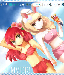  2girls alternate_costume animal_ears bikini blonde_hair blush breasts brown_eyes camellia commentary_request dutch_angle english_text flower food green_eyes hair_flower hair_ornament high_ponytail holding_hands kirara_(hitominak3) medium_breasts midriff multicolored_hair multiple_girls name_connection navel object_namesake open_mouth pink_flower pink_hair rabbit_ears rabbit_girl red_hair smile snowrabby summer swimsuit tsubakihime_(youkai_watch) two-tone_hair youkai_(youkai_watch) youkai_watch 