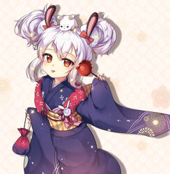  animal animal_ears animal_on_head azur_lane blue_kimono bow candy_apple closed_mouth commentary double_bun echu female fingernails floral_print food hair_between_eyes hair_bun hair_ornament hairbow highres holding holding_food japanese_clothes kimono kinchaku korean_commentary laffey_(azur_lane) laffey_(snow_rabbit_and_candy_apple)_(azur_lane) long_sleeves obi official_alternate_costume on_head photoshop_(medium) pinching_sleeves pouch print_kimono rabbit_ears red_bow red_eyes sash sidelocks sleeves_past_wrists solo tongue tongue_out white_hair wide_sleeves 