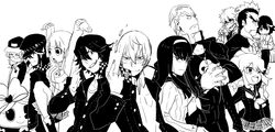  5girls 6+boys adachi_tooru adachi_tooru_(cosplay) amagi_yukiko amagi_yukiko_(cosplay) cabbie_hat commentary_request cosplay doujima_nanako doujima_nanako_(cosplay) doujima_ryoutarou doujima_ryoutarou_(cosplay) eyepatch gamagoori_ira glasses greyscale hairband hanamura_yousuke hanamura_yousuke_(cosplay) harime_nui hat inumuta_houka iori_shirou jacket jakuzure_nonon kill_la_kill kinagase_tsumugu kiryuuin_satsuki kujikawa_rise kujikawa_rise_(cosplay) kuma_(persona_4) kuma_(persona_4)_(cosplay) long_hair mankanshoku_mako matoi_ryuuko mikisugi_aikurou monochrome multiple_boys multiple_girls narukami_yuu narukami_yuu_(cosplay) open_mouth persona persona_4 sanageyama_uzu satonaka_chie satonaka_chie_(cosplay) school_uniform shinonoko_(tubamecider) shirogane_naoto shirogane_naoto_(cosplay) short_hair skirt smile tatsumi_kanji tatsumi_kanji_(cosplay) thighhighs track_jacket 