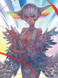  bare_shoulders blue_eyes breasts cleavage club3 commentary_request dress eyebrows female kill_la_kill kiryuuin_ragyou large_breasts life_fiber long_hair looking_at_viewer mature_female photoshop_(medium) rainbow smile solo string white_dress white_hair 