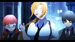  1.view_the_full_image_so_the_gif_plays_lol 1boy 2girls animated big_breasts black_hair blonde_hair blue_eyes clothing jiggle jiggling_breasts library_of_ruina long_hair mika_(library_of_ruina) office_clothing office_lady olga_(library_of_ruina) ponytail project_moon rain_(library_of_ruina) red_hair rolled_up_sleeves shaking short_hair standing twintails walking 