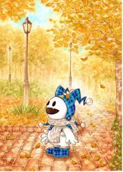  artist_name autumn colored_pencil_(medium) commentary_request dated eri-noa jack_frost_(megami_tensei) lamppost no_humans outdoors painting_(medium) pavement plaid running_bond scarf shin_megami_tensei solo traditional_media tree watercolor_(medium) 