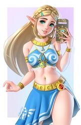  1girls absurd_res alternate_costume blonde_hair breath_of_the_wild earrings female gerudo_link_(cosplay) gerudo_outfit gerudo_top green_eyes hylian jackary_draws long_hair navel_piercing nintendo persian_clothing princess_zelda sheikah_slate solo swana_clothing tagme the_legend_of_zelda zelda_(breath_of_the_wild) 