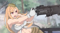  blonde_hair breasts brown_hat browning_m2 cleavage commission female garrison_cap girls&#039;_frontline gloves gun hat heavy_machine_gun large_breasts m2hb_(girls&#039;_frontline) machine_gun midriff navel open_mouth outdoors parody pixiv_commission rambo red_eyes scene_reference shirt sleeveless sleeveless_shirt solo sweat tab_(tabkun) tied_shirt weapon white_gloves white_shirt 