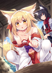  2girls :o alternate_eye_color animal_ear_fluff animal_ears bare_shoulders barn black_hair blonde_hair blue_eyes blush ceiling chihaya_(roshin) collarbone commentary_request day fox_ears fox_girl fox_tail hair_between_eyes hair_ribbon highres hisame_(roshin) index_finger_raised long_hair long_sleeves looking_at_another looking_at_viewer multiple_girls navel off_shoulder original parted_lips pelvic_curtain red_ribbon red_scarf ribbon ribbon-trimmed_sleeves ribbon_trim roshin scarf squatting tail thighhighs white_legwear wooden_ceiling yellow_eyes 