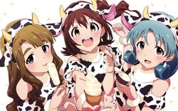  3girls animal_print bare_shoulders blush bottle brown_eyes brown_hair cow_horns cow_print earrings eating english_commentary food from_above fur_trim green_hair hairband highres holding holding_food holding_spoon horns ice_cream idolmaster idolmaster_million_live! jewelry kasuga_mirai licking long_hair looking_at_viewer milk_bottle miyao_miya multiple_girls open_mouth popsicle round_teeth smile soft_serve spoon teeth thick_eyebrows tokugawa_matsuri upper_body wanoji yellow_eyes 