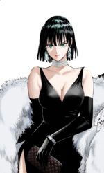  armpit_crease bag black_dress black_gloves black_hair breasts cleavage closed_mouth coat collarbone colorized cowboy_shot dress earrings elbow_gloves evening_gown female fubuki_(one-punch_man) fur_coat gloves green_eyes handbag highres holding holding_bag jewelry looking_at_viewer low_neckline medium_hair murata_yuusuke necklace one-punch_man pearl_necklace side_slit simple_background tight_clothes tight_dress watch white_background 