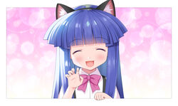  :d ^_^ animal_ear_fluff animal_ears black_hairband blue_hair blunt_bangs blush bow cat_ears claw_pose closed_eyes collared_shirt commentary_request dress_shirt facing_viewer fake_animal_ears female fourth_wall furude_rika gaou_(babel) hairband hand_up higurashi_no_naku_koro_ni long_hair open_mouth pink_bow shirt smile solo suspenders upper_body white_shirt 