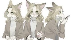  :3 absurdres animal_ears animal_hands animal_nose brown_coat brown_fur brown_hair claws closed_mouth coat commentary cropped_torso dog_ears dog_girl female flat_chest from_side furry furry_female green_eyes grey_sweater hair_intakes hands_up happy highres long_hair long_sleeves looking_at_phone looking_at_viewer looking_to_the_side mayumochini multiple_views open_clothes open_coat original own_hands_together pawpads phone profile sidelocks sideways_mouth simple_background smile snout sweater turtleneck turtleneck_sweater two-tone_fur upper_body waving white_background white_fur 