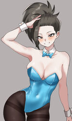  absurdres arm_up asuna_(blue_archive) black_eyes black_hair blue_leotard boku_no_hero_academia bow bowtie breasts cleavage commentary cosplay covered_navel detached_collar female grin highleg highleg_leotard highres large_breasts leotard long_hair looking_at_viewer pantyhose playboy_bunny ponytail smile solo strapless strapless_leotard teeth wrist_cuffs yaoyorozu_momo zd_(pixiv6210083) 