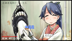  abyssal_ship apron blue_hair closed_eyes commentary_request fake_video female gloves high_ponytail highres holding houshou_(kancolle) japanese_clothes kantai_collection kappougi kimono long_hair pink_kimono ponytail ro-class_destroyer sakazaki_freddy smile solo tasuki translated upper_body white_gloves youtube 