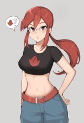  baggy_pants belt black_shirt blue_pants breasts commentary cosplay cowboy_shot crop_top cropped_shirt denim english_commentary female flannery_(pokemon) flannery_(pokemon)_(cosplay) glasses grey_background hand_on_own_hip highres lorelei_(pokemon) medium_breasts midriff milka_(milk4ppl) navel pants parted_lips pokemon pokemon_frlg pokemon_rse ponytail red_eyes red_hair shirt short_sleeves sidelocks simple_background solo speech_bubble spoken_object stomach sweatdrop 