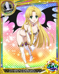  ahoge asia_argento bangs bare_shoulders bent_over bishop_(chess) blonde_hair blunt_bangs blunt_ends boots breasts card_(medium) chess_piece choker cleavage collarbone crop_top demon_wings female gloves green_eyes high_school_dxd long_hair looking_at_viewer medium_breasts midriff open_mouth panties simple_background sleeveless smile solo standing standing_on_one_leg thigh_boots thighhighs torn_clothes underwear white_crop_top white_gloves white_legwear wings 