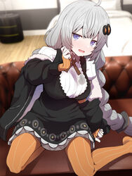  ahoge black_dress black_jacket blue_eyes braid commentary dress female gloves grey_dress grey_hair hair_ornament hairclip highres indoors jacket kizuna_akari long_sleeves orange_gloves orange_pantyhose pantyhose puffy_long_sleeves puffy_sleeves saliva solo striped_clothes striped_gloves striped_pantyhose sumiyao_(amam) twin_braids vertical-striped_clothes vertical-striped_gloves vertical-striped_pantyhose voiceroid 