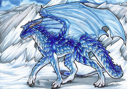  2011 4_legs absurd_res blue_body blue_eyes blue_scales claws dragon dragonlovers dremora european_mythology fangs female feral gradient_scales hi_res horn ice membrane_(anatomy) membranous_wings mountain_range mythological_creature mythological_scalie mythology natoli painting_(artwork) scales scalie sky snow solo standing tail teeth toe_claws traditional_media_(artwork) twisted_horns watercolor_(artwork) western_dragon white_body white_scales wings 