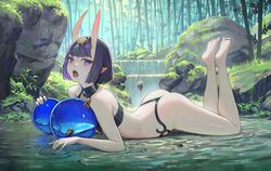  absurdres ass bamboo bamboo_forest bare_legs barefoot bob_cut breasts commentary_request eyeliner fate/grand_order fate_(series) feet feet_up female forest headpiece highres horns legs_up light_particles looking_at_viewer looking_to_the_side lying makeup nature on_stomach oni outdoors pointy_ears purple_eyes purple_hair ripples short_eyebrows short_hair shuten_douji_(fate) skin-covered_horns small_breasts soles solo the_pose toes vertigris water waterfall wet 