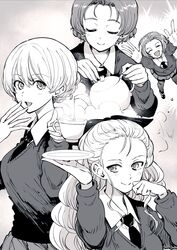  4girls :d arm_up assam_(girls_und_panzer) bonkara_(sokuseki_maou) braid commentary cup darjeeling_(girls_und_panzer) dress_shirt girls_und_panzer greyscale hair_pulled_back hair_ribbon hand_to_own_mouth highres holding holding_cup holding_saucer holding_teapot jumping loafers long_hair long_sleeves looking_at_viewer medium_hair miniskirt monochrome multiple_girls necktie no_emblem open_mouth orange_pekoe_(girls_und_panzer) outstretched_arms pantyhose parted_bangs pleated_skirt pouring ribbon rosehip_(girls_und_panzer) saucer school_uniform shirt shoes short_hair skirt smile st._gloriana&#039;s_school_uniform standing steam sweater teacup teapot tied_hair twin_braids v-neck wing_collar 