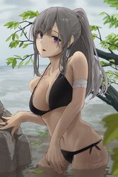  absurdres bandaged_arm bandages bandaid bandaid_on_breast bandaid_on_face bandaid_on_forehead bandaid_on_hand bikini black_bikini branch breasts cleavage commentary_request cowboy_shot female grey_hair halterneck highres idolmaster idolmaster_shiny_colors large_breasts leaf long_hair looking_at_viewer noeru outdoors parted_lips ponytail purple_eyes rock solo standing swimsuit wading water yukoku_kiriko 