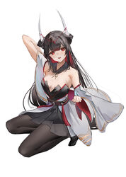  absurdres arm_behind_head arm_up azur_lane bare_shoulders black_hair black_pantyhose black_sailor_collar black_skirt breasts colored_inner_hair commentary detached_collar detached_sleeves female flantia hatsuzuki_(azur_lane) highres horns japanese_clothes medium_breasts multicolored_hair open_mouth pantyhose pleated_skirt red_eyes red_hair sailor_collar simple_background skirt smile solo symbol-only_commentary white_background white_sleeves wide_sleeves 