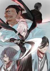  4boys back black_hair cloak eyebrows_hidden_by_hair fate/grand_order fate_(series) female hair_over_one_eye haori hijikata_toshizou_(fate) holding holding_sword holding_weapon japanese_clothes jikihatiman katana kimono long_hair looking_at_viewer multiple_boys okita_souji_(fate) okita_souji_(koha-ace) saitou_hajime_(fate) saitou_hajime_(third_ascension)_(fate) scarf serizawa_kamo_(fate) short_hair sword weapon yamanami_keisuke_(fate) yellow_eyes 