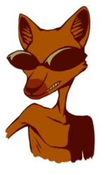  3:5 alpha_channel anthro black_nose canid canine cartoon_network clenched_teeth courage_the_cowardly_dog different_artstyle eyewear eyewear_only fox fur looking_aside looking_away low_res male mammal nude orange_body orange_fur simple_background solo standing sunglasses sunglasses_only teeth the_cajun_fox transparent_background unknown_artist 