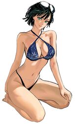  aqua_eyes barefoot belly_chain bikini black_hair breasts cleavage criss-cross_halter earrings eyewear_on_head female fubuki_(one-punch_man) full_body halterneck highres jewelry murata_yuusuke navel non-web_source official_art one-punch_man short_hair simple_background smile snowflake_print solo sunglasses swimsuit white_background 