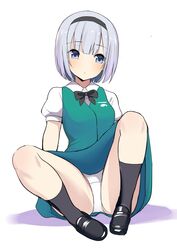  amisu arms_behind_back black_bow black_bowtie black_footwear black_hairband black_socks blush bob_cut bow bowtie breasts buttons closed_mouth collared_shirt commentary_request dot_mouth eyelashes female full_body green_skirt green_vest grey_hair hairband highres hitodama_print knees konpaku_youmu loafers looking_to_the_side medium_breasts one-hour_drawing_challenge panties pantyshot puffy_short_sleeves puffy_sleeves shirt shoes short_hair short_sleeves simple_background sitting skirt socks solo touhou underwear vest white_background white_panties white_shirt wing_collar 