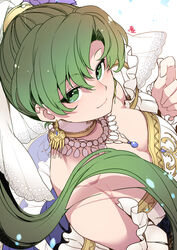  bride bride_(fire_emblem) closed_mouth commentary_request earrings female fire_emblem fire_emblem:_the_blazing_blade fire_emblem_heroes green_eyes green_hair highres jewelry long_hair lyn_(bridal)_(fire_emblem) lyn_(fire_emblem) nakabayashi_zun necklace ponytail simple_background smile solo upper_body white_background 