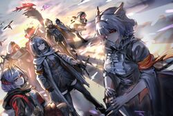  1boy 3others 4girls animal_ears arknights backlighting coffee18 crownslayer_(arknights) demon_girl demon_horns dragon_girl dragon_horns drone frostnova_(arknights) grenade_launcher highres holding holding_weapon hood hooded_jacket horns jacket knife mask multiple_girls multiple_others rabbit_ears rabbit_girl reunion_soldier_(arknights) skullshatterer_(arknights) sword talulah_(arknights) unworn_mask w_(arknights) weapon wolf_ears wolf_girl 