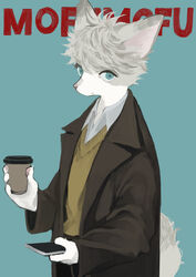  1boy absurdres animal_ears animal_nose black_pants blue_background blue_eyes body_fur brown_coat cat_boy cat_ears cat_tail cellphone closed_mouth coat collared_shirt commentary cowboy_shot cup disposable_cup drink furry furry_male grey_fur grey_hair hands_up highres holding holding_cup holding_phone long_sleeves looking_at_viewer male_focus mayumochini open_clothes open_coat original pants phone romaji_text shirt short_hair sideways_mouth simple_background smartphone snout solo standing sweater tail two-tone_fur white_fur white_shirt yellow_sweater 