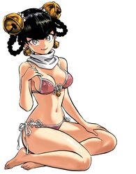  barefoot bell bell_earrings bikini black_hair breasts earrings female full_body grey_eyes hair_bell hair_ornament hair_rings hand_on_own_leg highres jewelry lin_lin_(one-punch_man) looking_at_viewer medium_breasts murata_yuusuke no_pupils non-web_source official_art one-punch_man scarf side-tie_bikini_bottom simple_background sitting smile solo swimsuit v-bangs white_background yokozuwari 