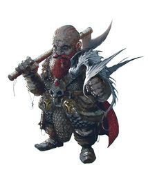  1boy absurdres armor axe bald beard belt black_footwear brown_gloves commentary dwarf english_commentary facial_hair full_body gloves highres holding holding_axe kalmahul male_focus moustache original over_shoulder shoes skull small_dragon solo standing tattoo weapon weapon_over_shoulder white_background 