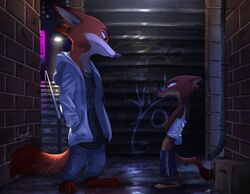  2020 absurd_res anthro barefoot bottomwear brown_body brown_fur canid canine clothed clothing crossed_arms detailed_background disney duke_weaselton duo eye_contact feet fox fully_clothed fur hi_res jacket light lighting looking_at_another mammal midriff mustelid musteline neon_lights nick_wilde orange_body orange_fur outside pants red_fox relaxablefur shorts signature stairs standing street_lamp topwear true_fox true_musteline weasel zootopia 