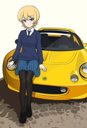  absurdres black_footwear black_necktie black_pantyhose blonde_hair blue_eyes blue_skirt blue_sweater blush braid brick_floor car closed_mouth collared_shirt commentary darjeeling_(girls_und_panzer) female girls_und_panzer highres kano_(nakanotakahiro1029) legs loafers logo looking_at_viewer lotus_(brand) lotus_elise motor_vehicle necktie no_emblem on_vehicle pantyhose pleated_skirt school_uniform shadow shirt shoes short_hair simple_background sitting sitting_on_car skirt smile solo st._gloriana&#039;s_school_uniform sweater v-neck vehicle_focus white_background white_shirt 