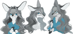  absurdres animal_ears animal_hands animal_nose blue_eyes blue_shirt body_fur closed_mouth commentary completely_nude cropped_torso deer_ears deer_girl female flat_chest forehead furry furry_female grey_hair hair_intakes hand_up highres long_hair long_sleeves looking_at_viewer looking_to_the_side mayumochini multiple_views nude original own_hands_together shirt sideways_mouth simple_background snout upper_body v-neck white_background 