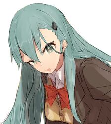  alchera aqua_eyes aqua_hair bad_id bad_twitter_id blazer bow bowtie brown_jacket cardigan female hair_ornament hairclip jacket kantai_collection long_hair looking_at_viewer open_mouth orange_bow orange_bowtie school_uniform simple_background solo suzuya_(kancolle) suzuya_kai_ni_(kancolle) upper_body white_background 