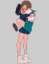  2girls absurdres black_hair black_shirt blouse blue_skirt blunt_bangs brown_footwear brown_hair closed_eyes commentary_request crop_top grey_background hand_on_another&#039;s_head happy high_tops highres holding_person hug kill_la_kill loafers long_sleeves mankanshoku_mako matoi_ryuuko matumot microskirt midriff miniskirt multicolored_hair multiple_girls neck neckerchief no_socks open_mouth red_hair red_neckerchief school_uniform senketsu serafuku shirt shoes short_hair short_sleeves simple_background skirt smile sneakers socks standing streaked_hair twitter_username white_footwear white_shirt white_socks 