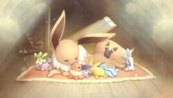  16:9 4:3 aged_down alternate_version_at_source ambiguous_gender attic blue_eyes blurred_background breastfeeding brown_body brown_ears brown_fur canid canine carpet closed_eyes detailed_background eevee eeveelution espeon evolutionary_family female feral flareon floor fuchsia_(artist) fur generation_1_pokemon generation_2_pokemon generation_4_pokemon generation_6_pokemon glaceon group hi_res inside jolteon ladder leafeon licking light lighting lying mammal mother_(lore) nintendo on_ground on_rug open_mouth parent_(lore) pokemon pokemon_(species) red_rug rug shaded sleeping smile sunlight sylveon tail tongue tongue_out umbreon vaporeon widescreen window wood wood_floor young young_feral 