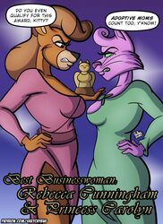  angry anthro award award_ceremony bear bojack_horseman breasts clenched_teeth clothed clothing dialogue disney domestic_cat dress duo english_text felid feline felis female hi_res looking_at_another mammal mature_anthro mature_female netflix princess_carolyn rebecca_cunningham sketchybug speech_bubble talespin teeth text victory_rolls 