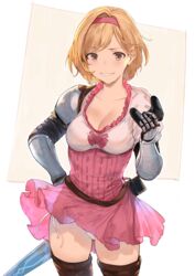  absurdres blonde_hair blush boots breasts brown_thighhighs cleavage clothes_lift collarbone controller djeeta_(granblue_fantasy) dress dress_lift female fighter_(granblue_fantasy) gloves granblue_fantasy granblue_fantasy_versus grin hairband hand_on_own_hip hand_up heart hews highres holding holding_controller looking_at_viewer medium_breasts paid_reward panties pantyshot patreon_reward pink_dress playstation_controller raised_eyebrow red_hairband short_hair side-tie_panties smile solo standing sword sword_behind_back thigh_boots thighhighs underwear upskirt weapon white_panties yellow_eyes 