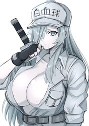  baseball_cap belt belt_buckle black_gloves breasts bright_pupils buckle cleavage closed_mouth collarbone collared_shirt colored_skin commentary_request female fingerless_gloves gloves grey_eyes grey_hair hair_over_one_eye hat hataraku_saibou hataraku_saibou_black highres imuzi large_breasts long_hair looking_at_viewer open_clothes open_shirt pale_skin shirt simple_background solo sword u-1196 uniform upper_body weapon white_background white_blood_cell_(hataraku_saibou) white_hat white_pupils white_shirt white_skin 