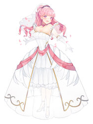  absurdres artist_name bare_shoulders blunt_bangs blush breasts bride bride_(fire_emblem) choker cleavage collarbone commentary dress earrings elbow_gloves english_commentary female fire_emblem fire_emblem:_three_houses full_body gloves high_heels highres hilda_valentine_goneril inkanii jewelry large_breasts long_hair looking_at_viewer open_mouth petals pink_eyes pink_hair ponytail see-through simple_background solo standing strapless strapless_dress tongue watermark wedding_dress white_background white_dress white_gloves 