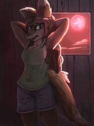  2020 3:4 angry anthro blood_moon bottomwear breasts canid canine cleavage clothed clothing female fox fur green_eyes inside lennoxicon looking_at_viewer mammal orange_body orange_fur shirt shorts side_boob solo standing tank_top terraria topwear were werecanid werecanine werefox zoologist_(terraria) 