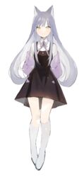  animal_ears black_dress boots closed_mouth collared_shirt commentary dress female full_body grey_hair jacket knee_boots long_hair looking_at_viewer lpip neck_ribbon off_shoulder open_clothes open_jacket original pleated_dress purple_jacket purple_ribbon ribbon shirt simple_background sleeveless sleeveless_dress smile solo standing symbol-only_commentary very_long_hair white_background white_footwear white_shirt yellow_eyes 